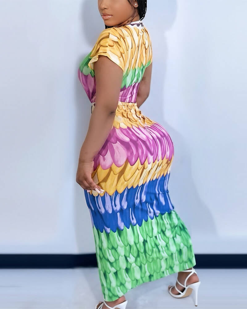 Colorful Deep V-Neck Dress with Slit and Twisted Waist Detail