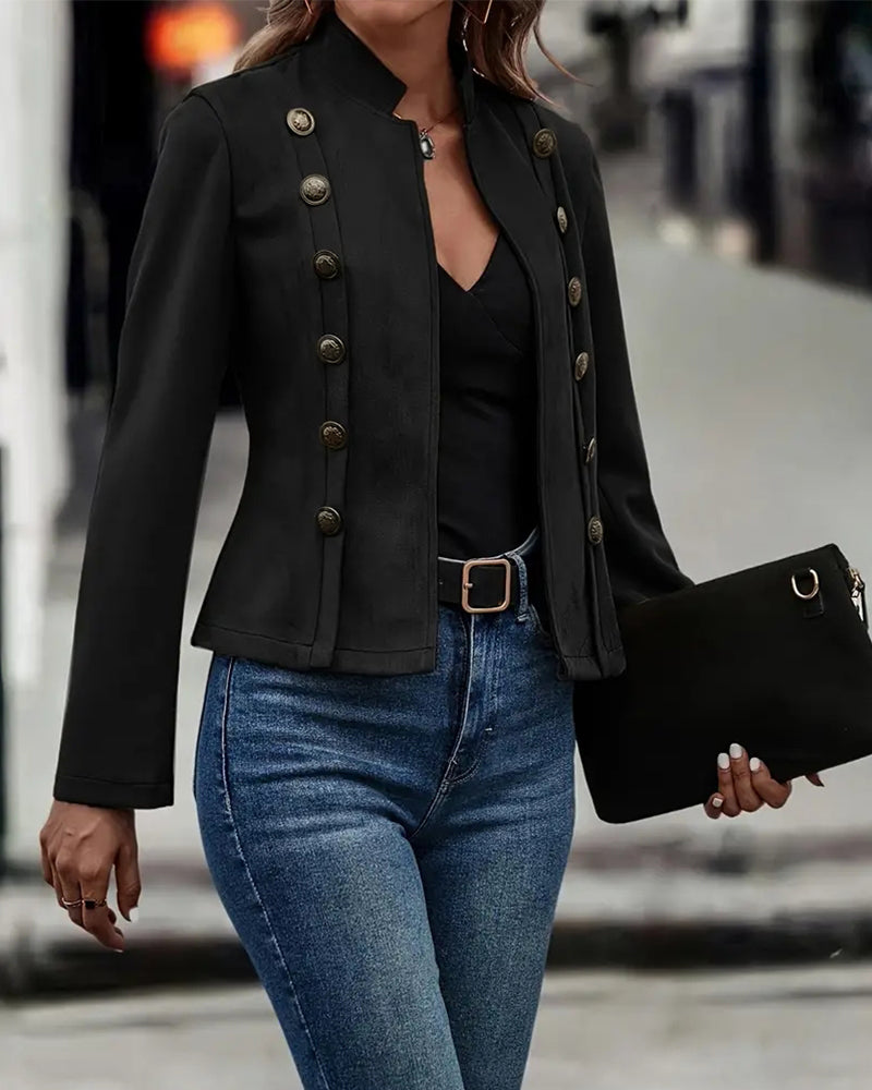 Faux Suede Jacket with Stand Collar and Button-Up Front