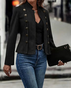 Faux Suede Jacket with Stand Collar and Button-Up Front