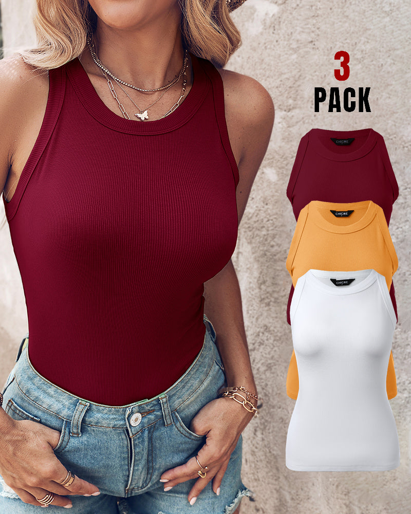 3-Pack Knit Racerback Tank Tops, Round Neck, Thick Straps