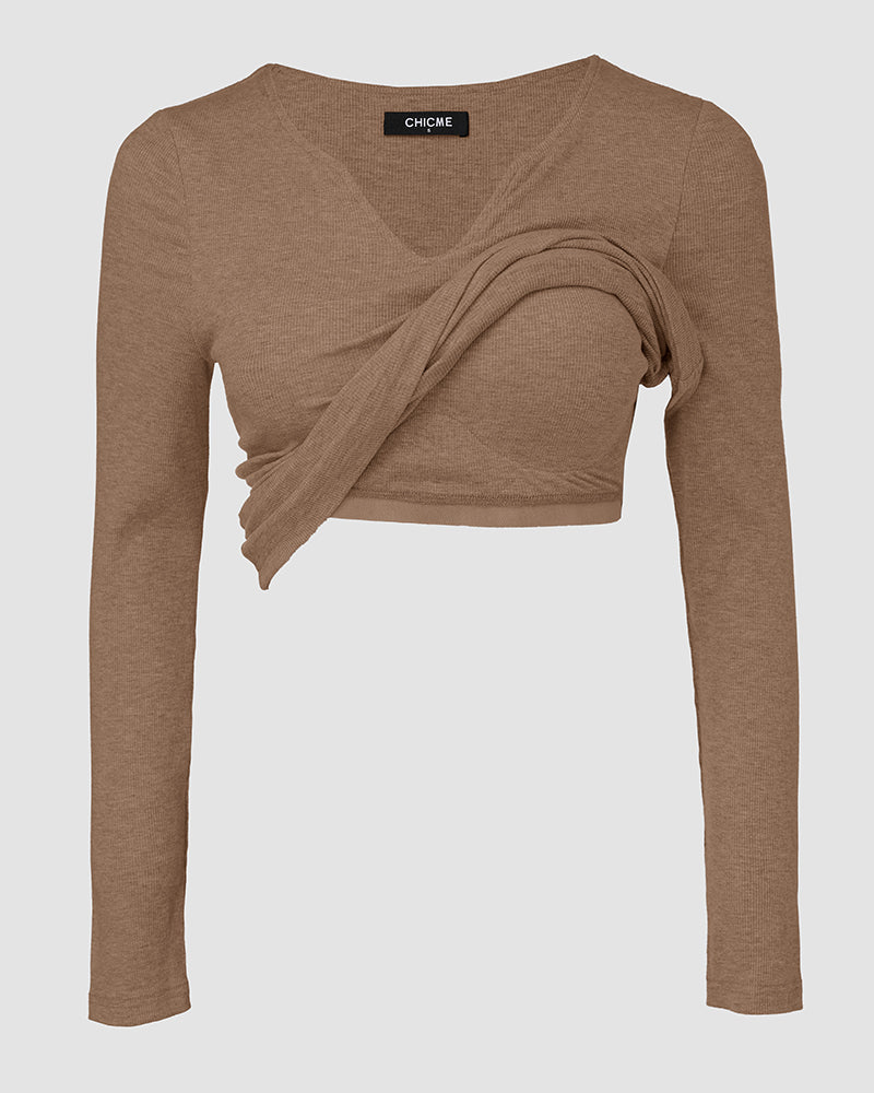 Rib Knit Notch Neck Long Sleeve Top with Built-In Bra