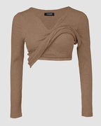 Rib Knit Notch Neck Long Sleeve Top with Built-In Bra