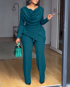 Cowl Neck Asymmetrical Cinched Waist Wide Leg Zippered Jumpsuit