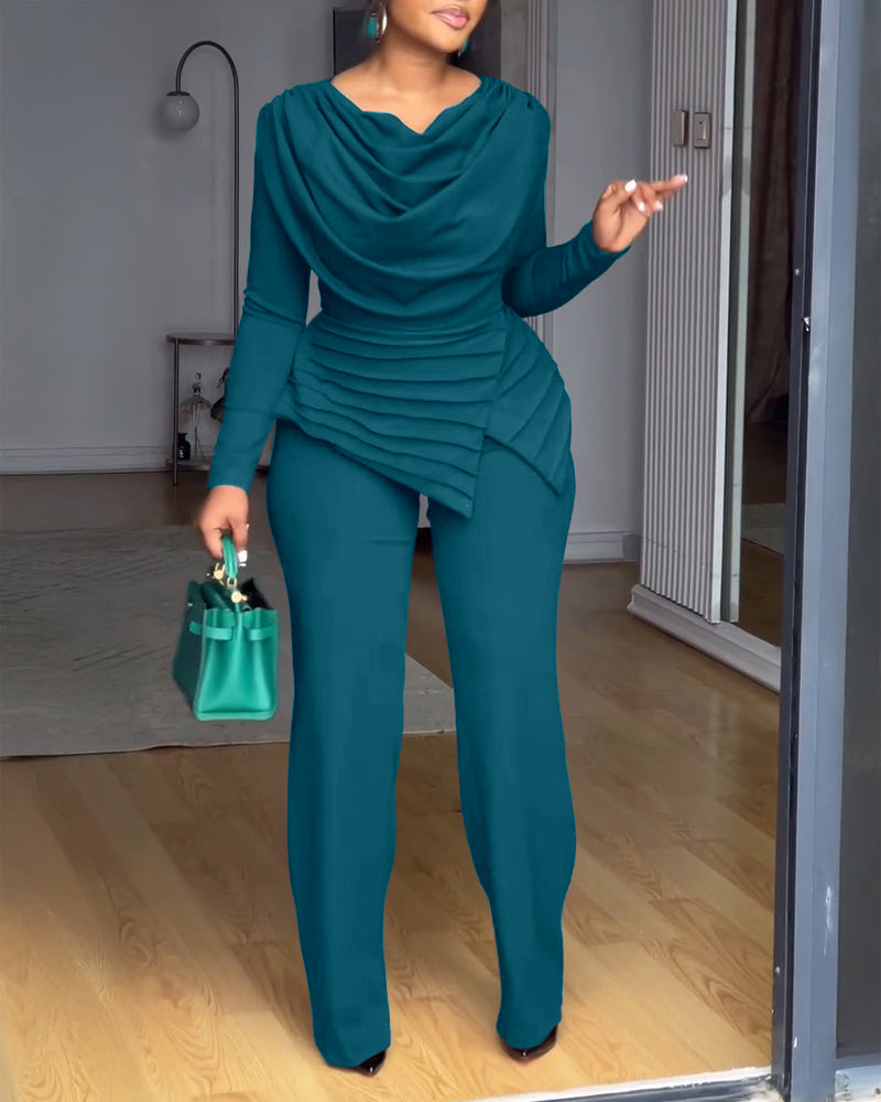 Cowl Neck Asymmetrical Cinched Waist Wide Leg Zippered Jumpsuit