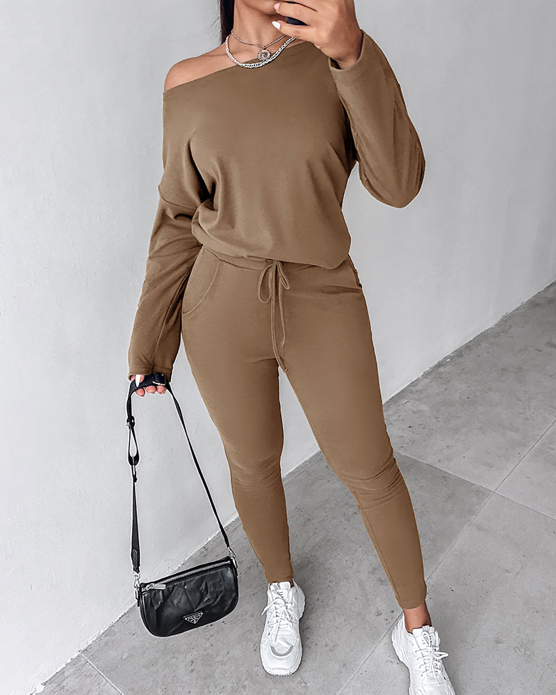 2-Piece Asymmetrical Neck Sweater and Drawstring Slim-Fit Pants Set