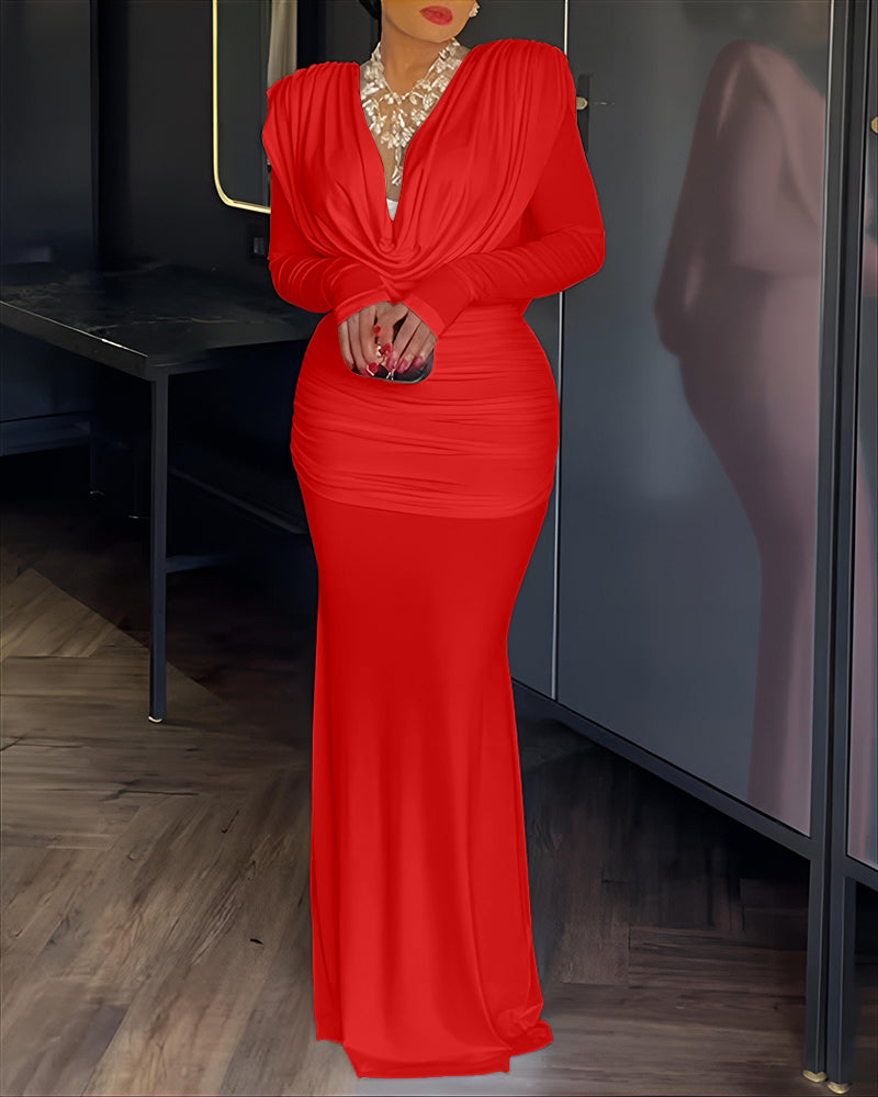Padded Shoulder Cowl Neck Ruched Backless Maxi Dress