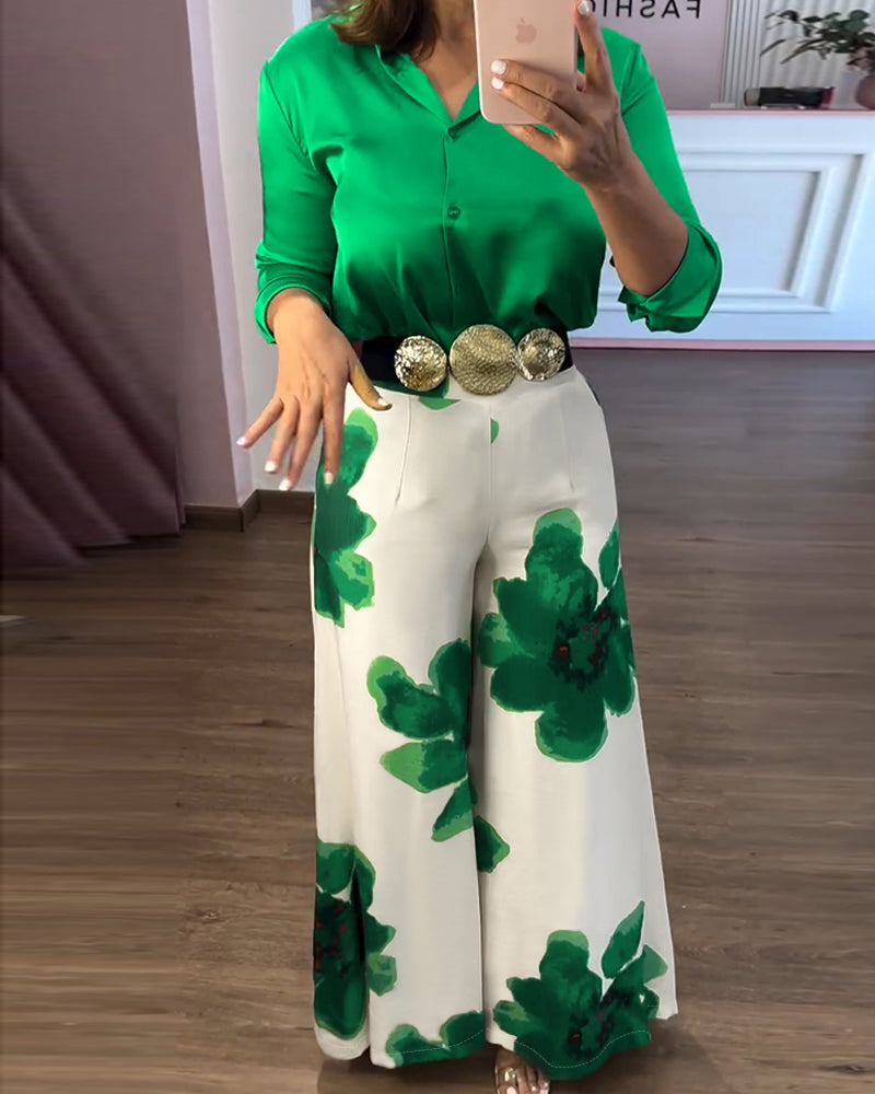 Satin Blouse and Floral Wide-Leg Pants Two-Piece Set