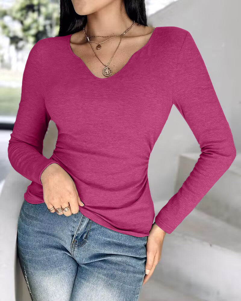 Rib Knit Notch Neck Long Sleeve Top with Built-In Bra