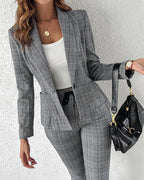 2-Piece Plaid Blazer with Notched Collar and Drawstring Pants Set