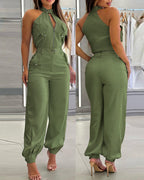 2-Piece High Neck Sleeveless Top and Cuffed Cargo Pants Set