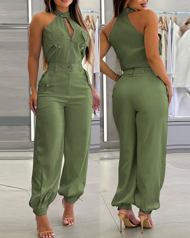 2-Piece High Neck Sleeveless Top and Cuffed Cargo Pants Set
