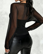 Sheer Mesh-Back Rhinestone Halter Tee with Cowl Neck
