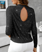 Sequin Mock Neck Top with Long Sleeves and Open Back