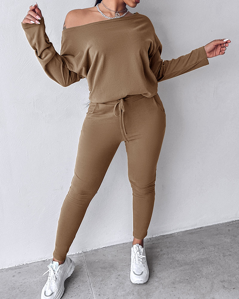 2-Piece Asymmetrical Neck Sweater and Drawstring Slim-Fit Pants Set