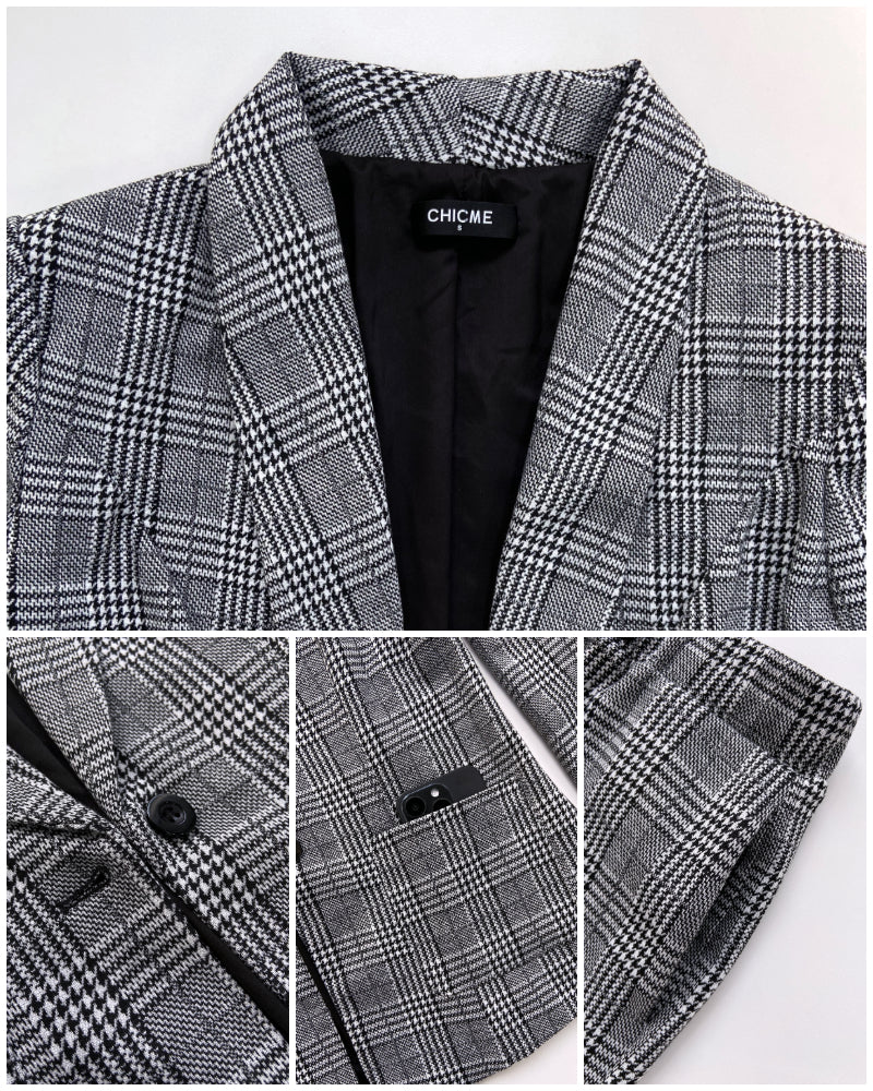2-Piece Plaid Blazer with Notched Collar and Drawstring Pants Set
