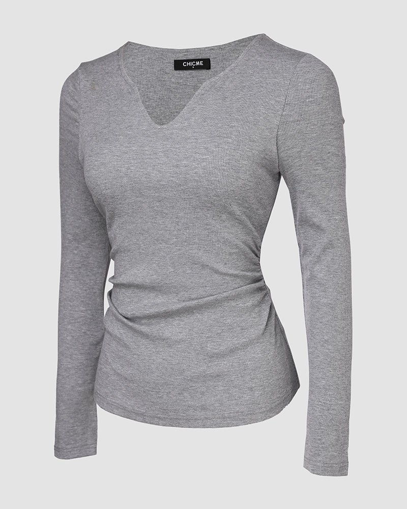 Rib Knit Notch Neck Long Sleeve Top with Built-In Bra
