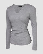 Rib Knit Notch Neck Long Sleeve Top with Built-In Bra