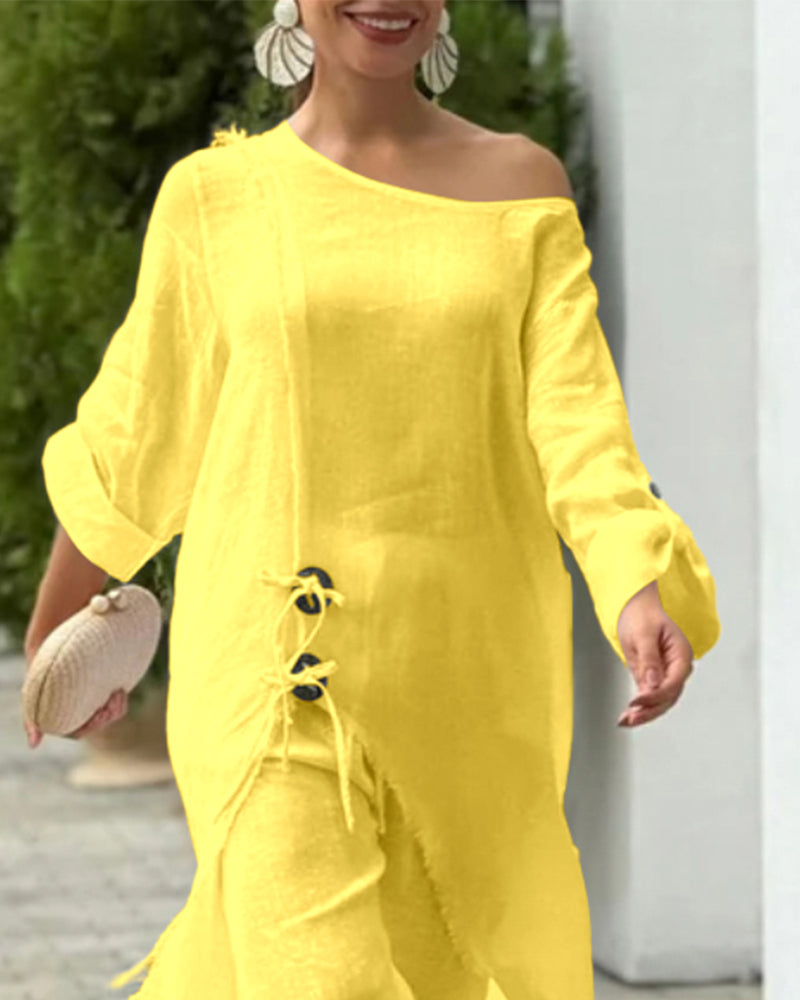 One-Shoulder Top with Coordinating Wide-Leg Pants Set