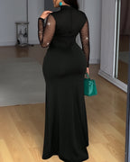 Mock Neck Rhinestone Mermaid Maxi Dress with Mesh Yoke