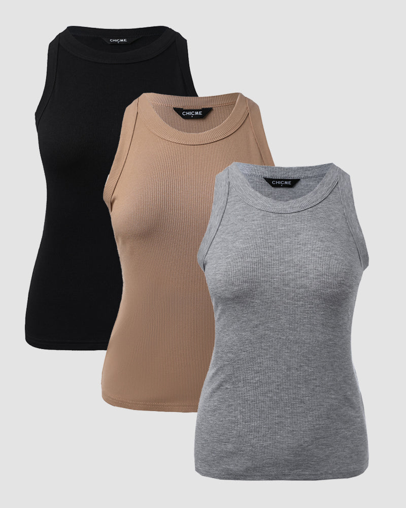 3-Pack Knit Racerback Tank Tops, Round Neck, Thick Straps