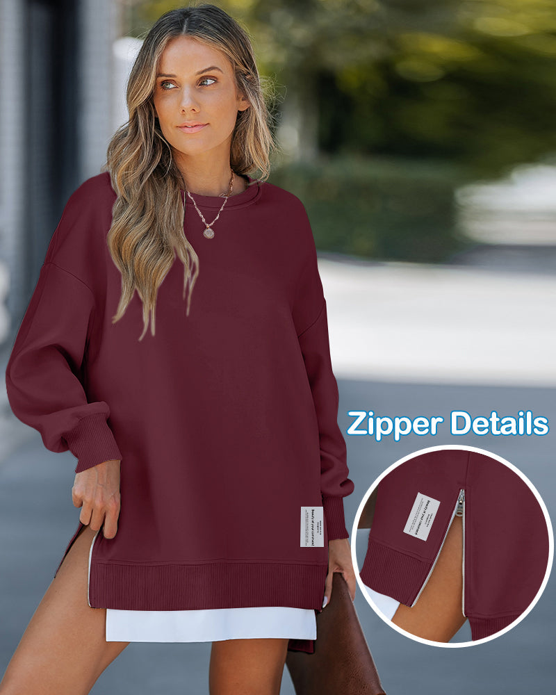 Drop Shoulder Zip-Side Long Sleeve Pullover with Slit Detail.