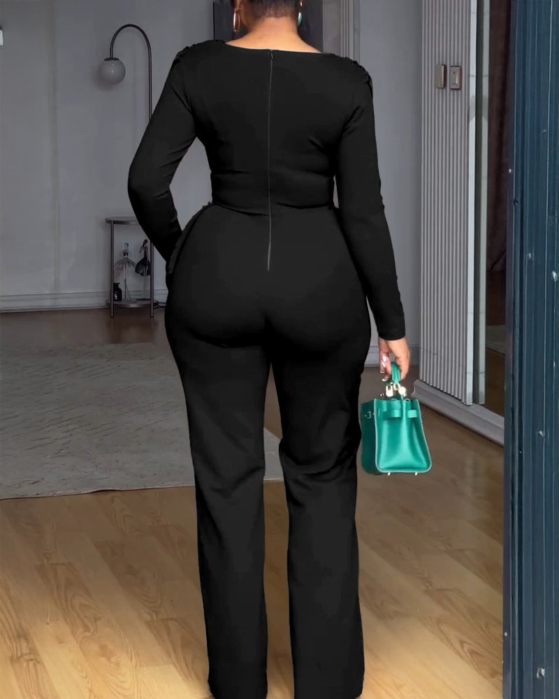Cowl Neck Asymmetrical Cinched Waist Wide Leg Zippered Jumpsuit