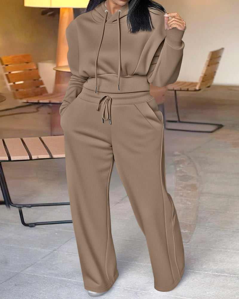 2-Piece Long Sleeve Hoodie and Wide-Leg Pants Set.