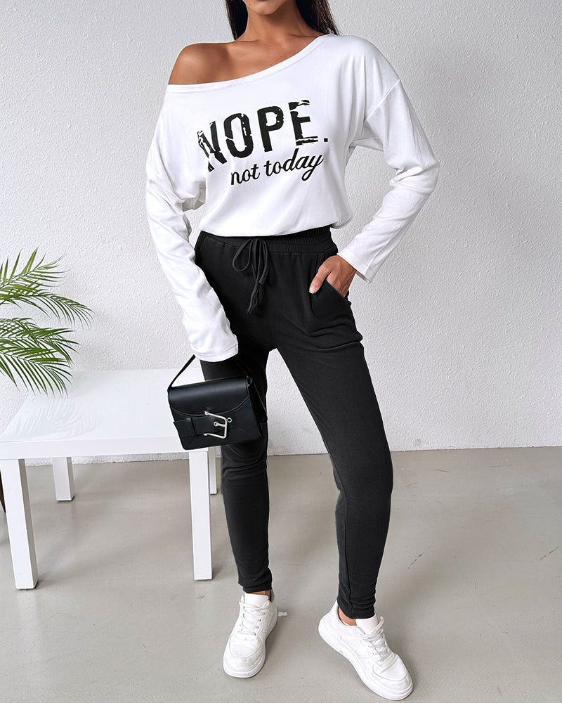 "Nope. Not Today" Asymmetric Neckline Top and Fitted Pants Set