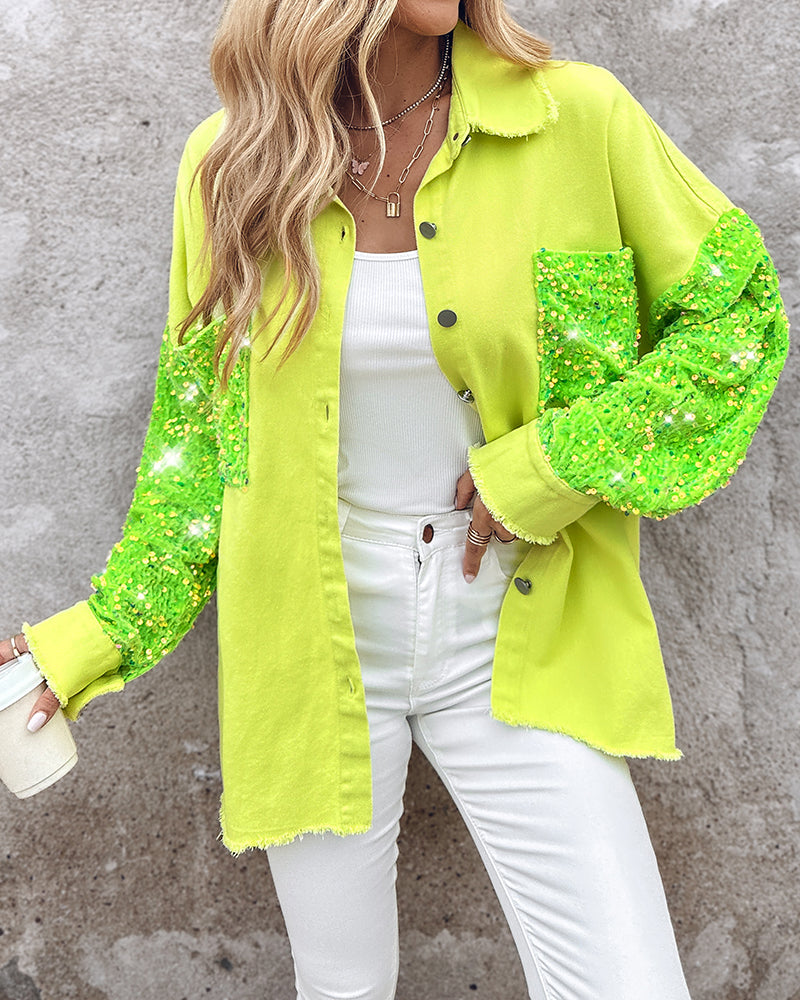 Raw Hem Sequin Patchwork Denim Shacket with Button Front