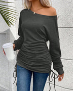Long Sleeve Skew Neck Top with Drawstring Side Detail