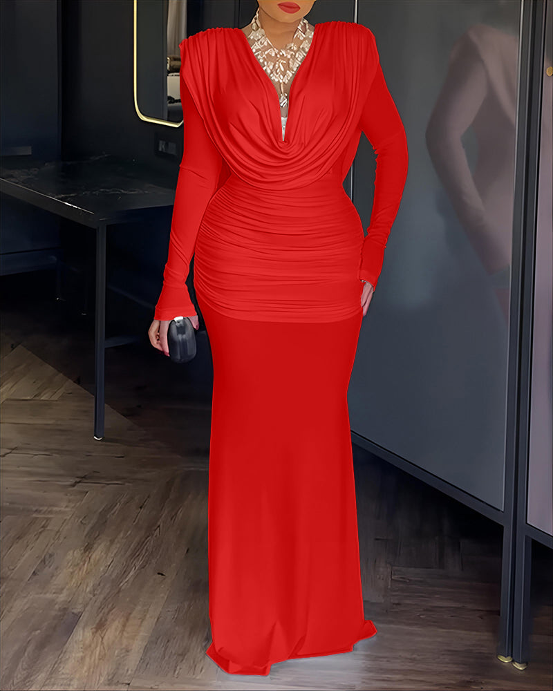 Padded Shoulder Cowl Neck Ruched Backless Maxi Dress