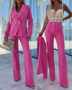 2-Piece Notched Collar Coat with Slim Fit Flared Pants Set