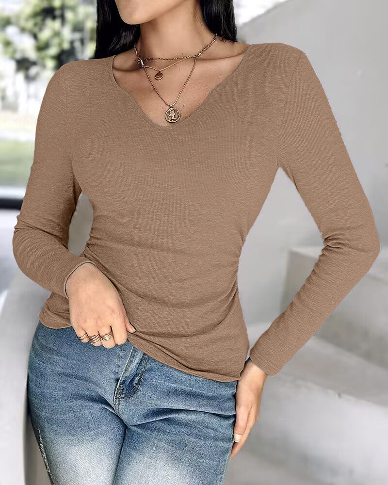 Rib Knit Notch Neck Long Sleeve Top with Built-In Bra