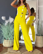 Asymmetrical Strapless Overalls with Metal Button Accents