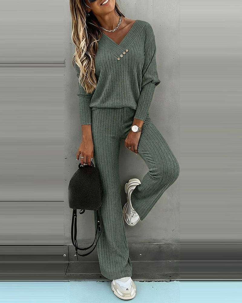 2-Piece V-Neck Button Top and Straight Leg Casual Pants Set