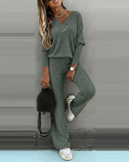 2-Piece V-Neck Button Top and Straight Leg Casual Pants Set