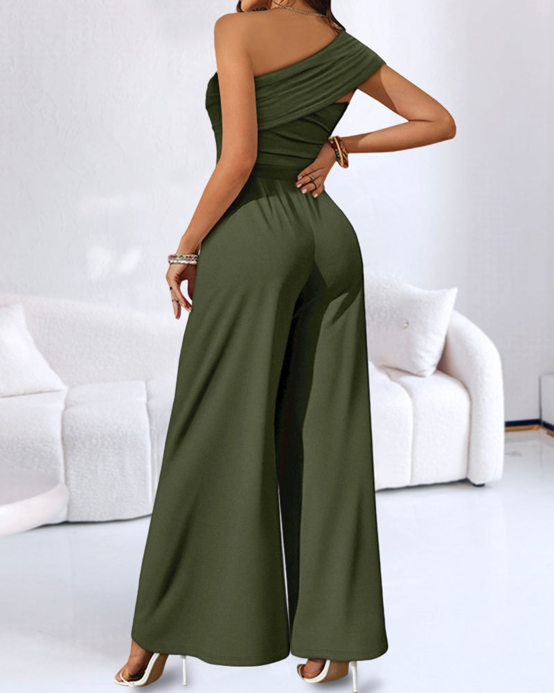 Buckled Cold Shoulder Ruched Wide-Leg Fashion Jumpsuit