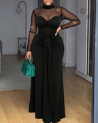 Mock Neck Rhinestone Mermaid Maxi Dress with Mesh Yoke