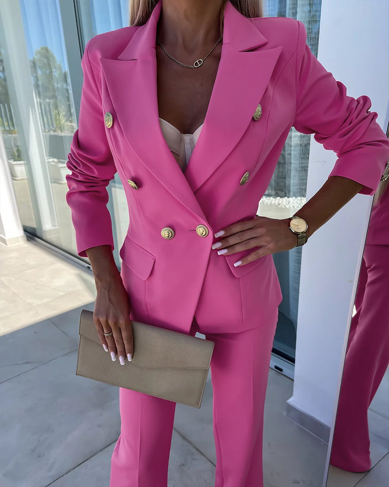 2-Piece Notched Collar Coat with Slim Fit Flared Pants Set