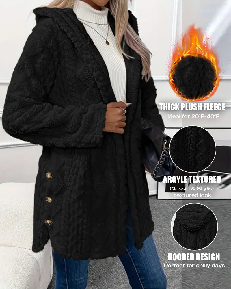 Argyle Hooded Teddy Coat with Buttoned Slits