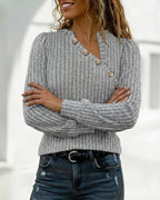 Asymmetrical Button Detail Ribbed V-Neck Long Sleeve Knit Tee
