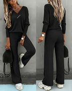 2-Piece V-Neck Button Top and Straight Leg Casual Pants Set