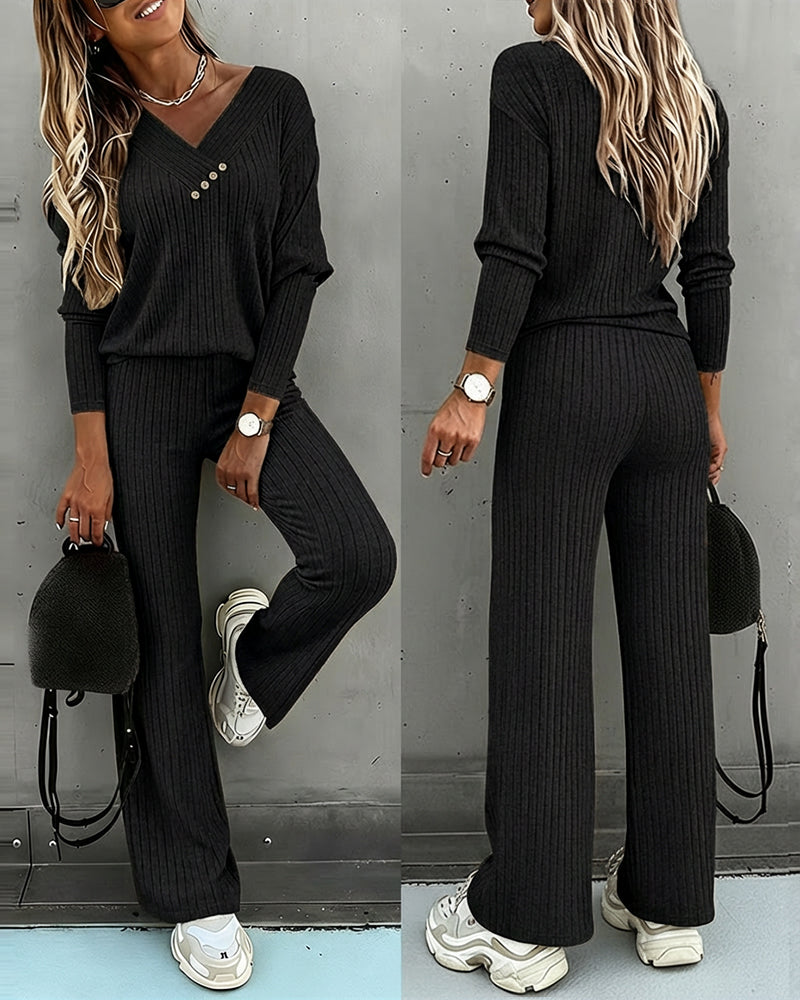 2-Piece V-Neck Button Top and Straight Leg Casual Pants Set