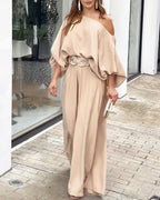 Lantern Sleeve Top and Wide Leg Pants Set with Zipper