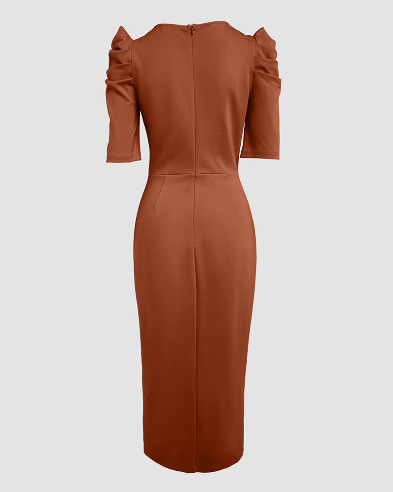 3D Floral Ruched Bodycon Dress with Puff Sleeves and Slit