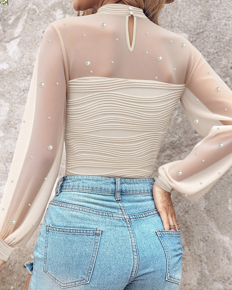 Pearl-Embellished Mesh-Inset Ruched Tee with Open-Back Detail