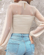 Pearl-Embellished Mesh-Inset Ruched Tee with Open-Back Detail