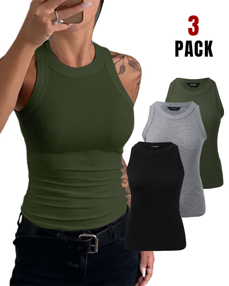 3-Pack Knit Racerback Tank Tops, Round Neck, Thick Straps