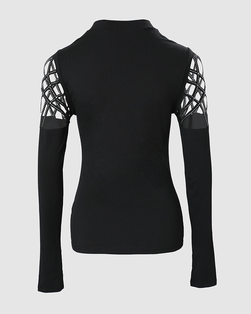 Hollow Rhinestone Cold Shoulder Long-Sleeve Casual T-Shirt