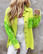 Raw Hem Sequin Patchwork Denim Shacket with Button Front
